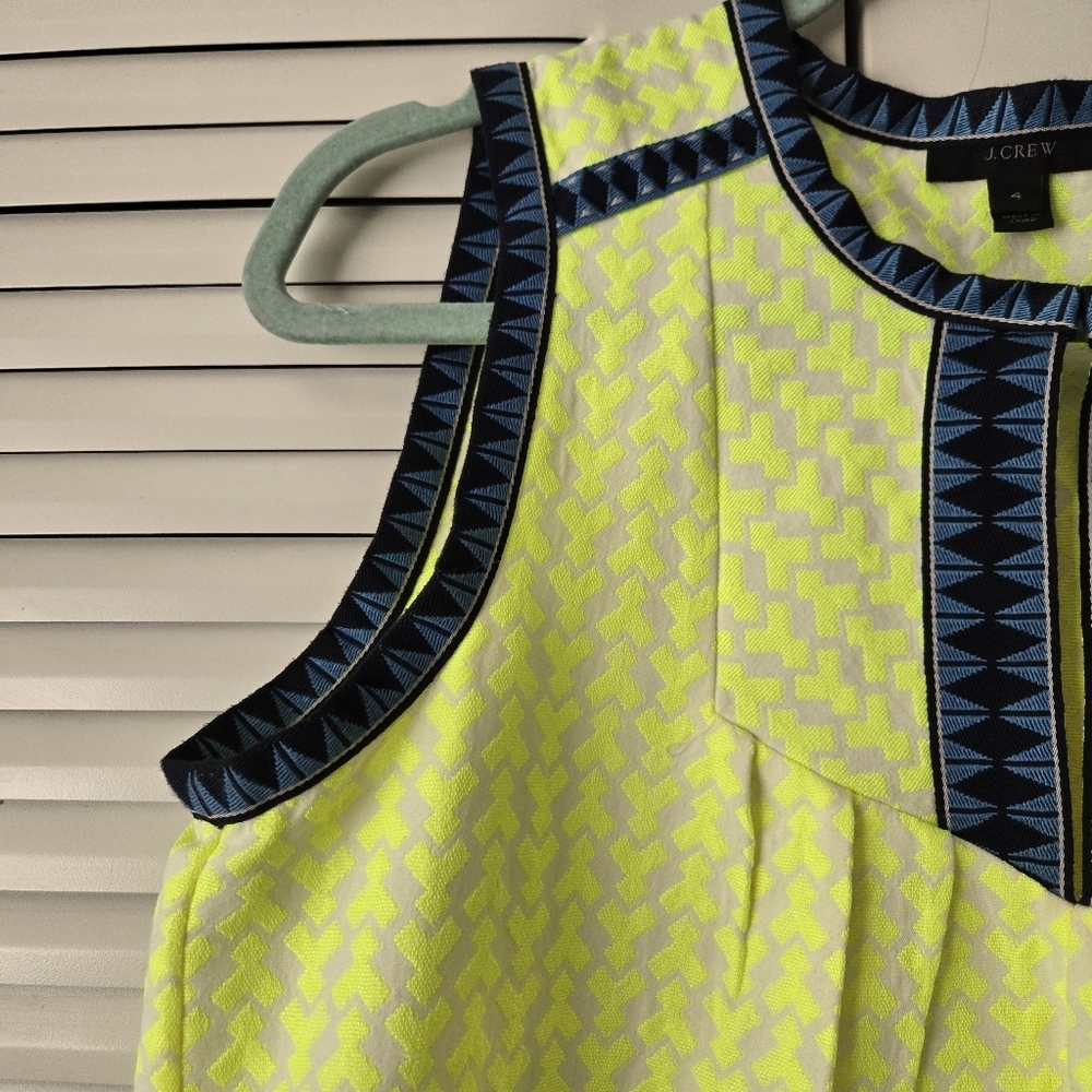 J. Crew Neon Yellow Arrow Print Keyhole Cutout Blue Trim Shift Dress Womens 4 - Picture 4 of 7